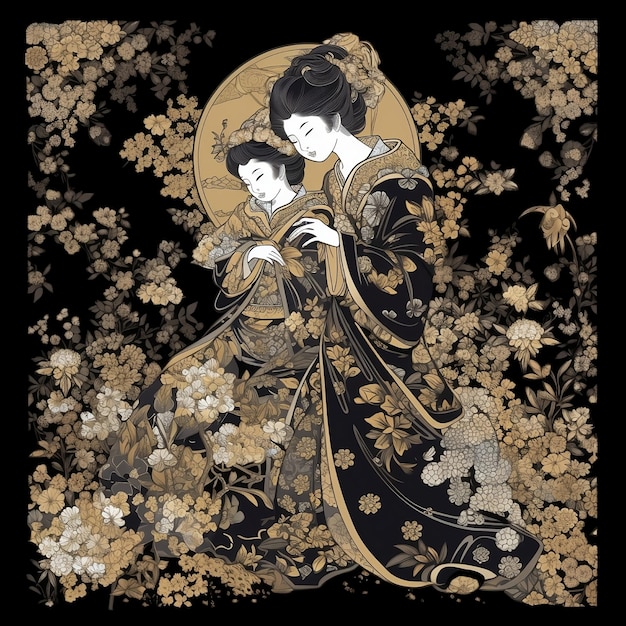 A woman and a child in a kimono with gold leaves and flowers.