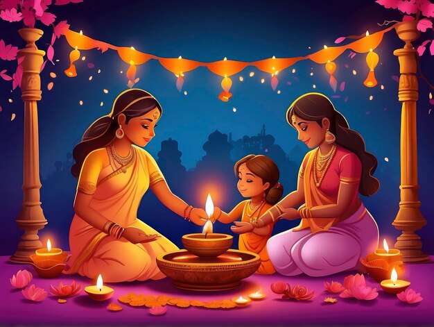 a woman and a child lighting candles in a temple with a woman sitting beside them