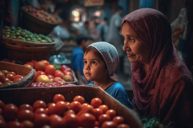 A woman and a child look at tomatoes in a market.