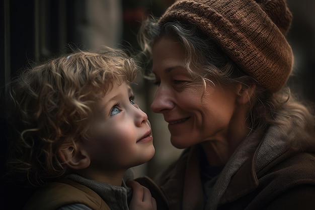 A woman and a child looking at the camera