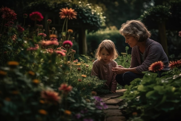 庭の花を眺める女性と子供