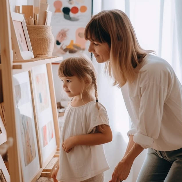 a woman and a child looking at a painting in front of a window