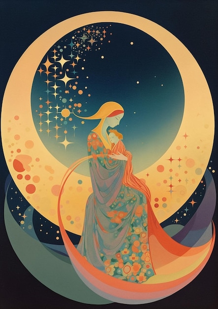 Женщина и ребенок на луне со звездами внизу.
