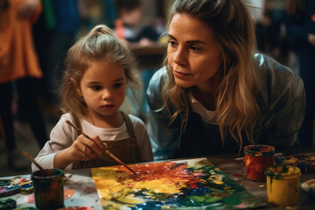 A woman and a child painting with paint on canvas