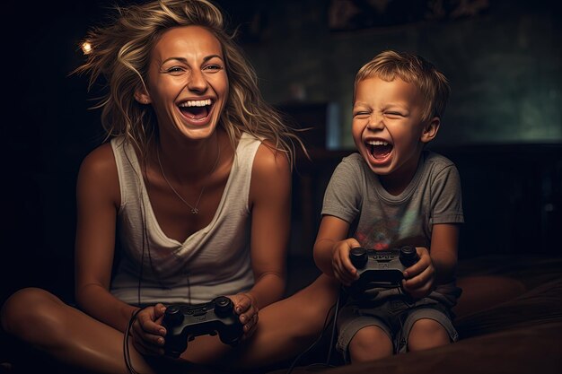 ビデオゲームをしている女性と子供