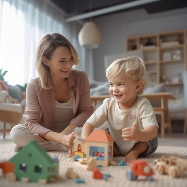 床に家がある家で遊ぶ女性と子供