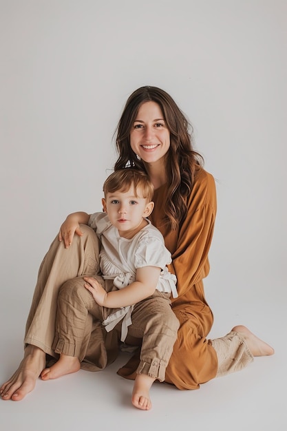 写真を撮るためにポーズをとる女性と子供