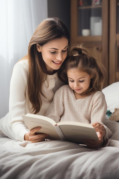 Photo a woman and a child reading a book on a bed