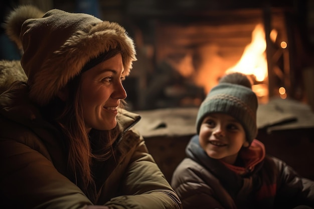 女性と子供が暖炉の前で火のそばに座っています。