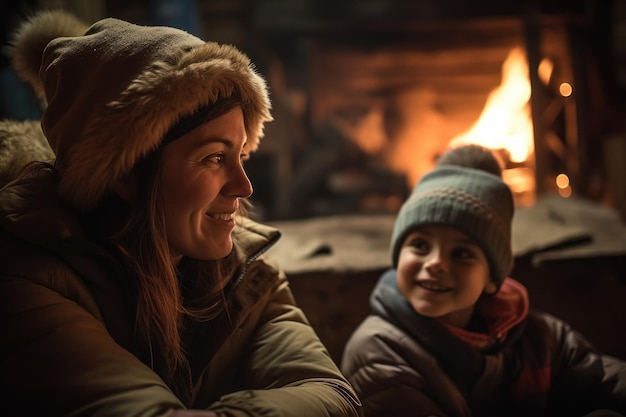 A woman and a child sit by a fire in front of a fireplace.