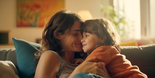 A woman and a child sit on a couch in a living room, hugging and kissing.