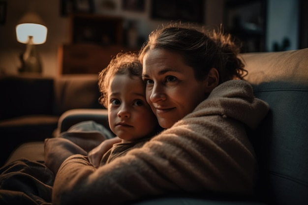 A woman and a child sit on a couch, looking at the camera.