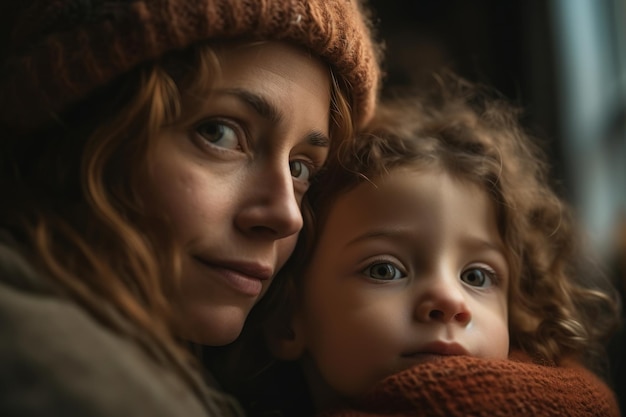 A woman and a child sit on a couch, the woman is wearing a hat and the child is looking at the camera.