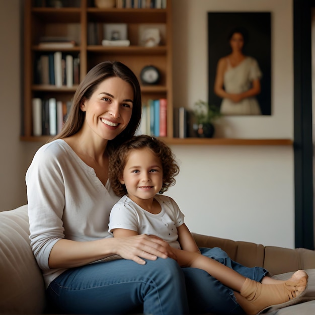 女性と子供がソファに座っている