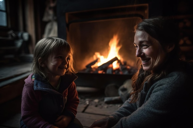 A woman and a child sit in front of a fire in a fireplace.