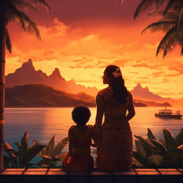女性と子供が棚に座って山と海を眺めている。