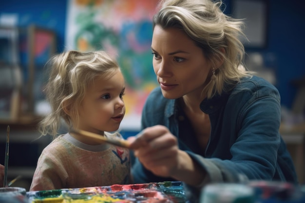 A woman and a child sit at a table, painting with a paintbrush.