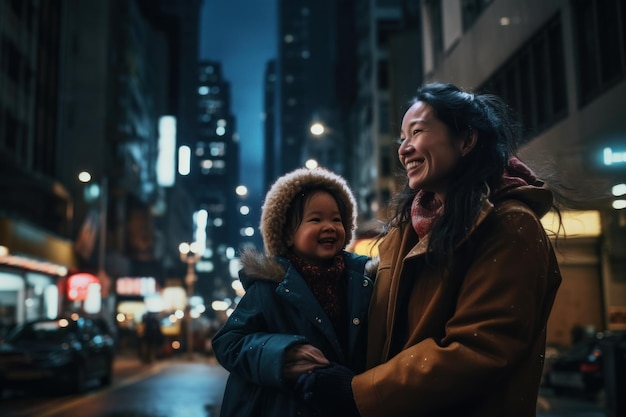 A woman and a child smile at the camera in a dark city street.