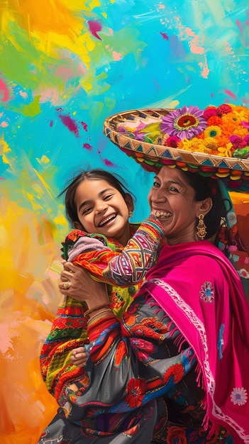 woman and child smiling in a colorful celebration