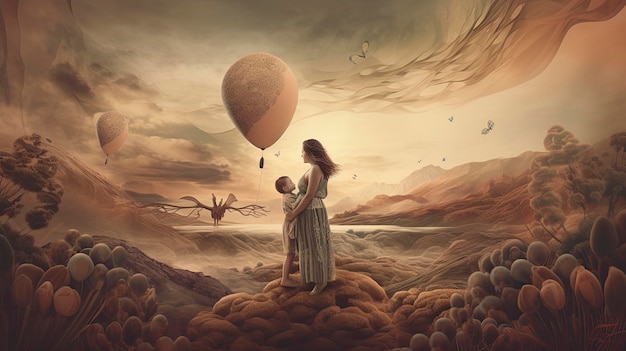 여자와 아이가 행성 앞에 서 있다
