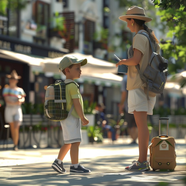 Woman and Child Standing on Sidewalk