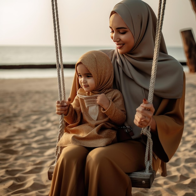 A woman and a child on a swing on the beach