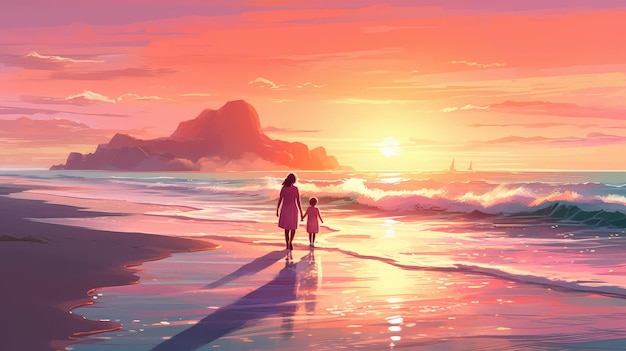 A woman and child walk on a beach at sunset.