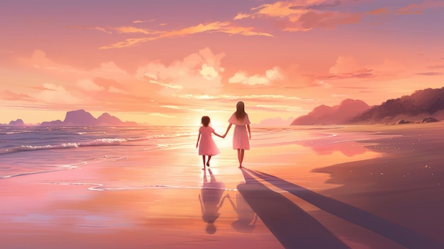 A woman and a child walk on the beach.