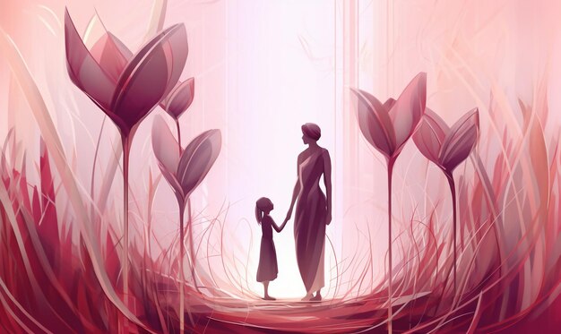 Photo a woman and a child walk in a garden