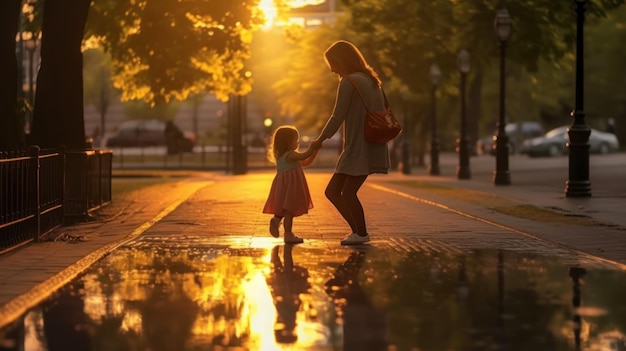 A woman and a child walk in a puddle, the sun is setting behind them.