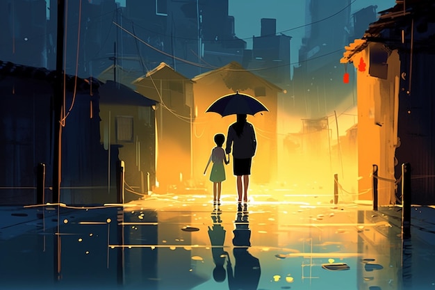A woman and child walk in the rain holding an umbrella.
