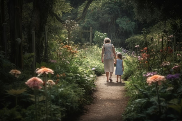 A woman and a child walk through a garden