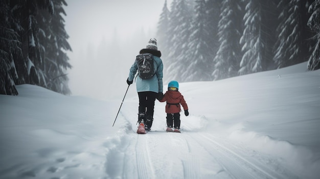 A woman and child walking on a snow covered trail