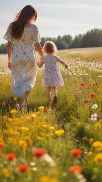 Photo a woman and child walking through a field of flowers