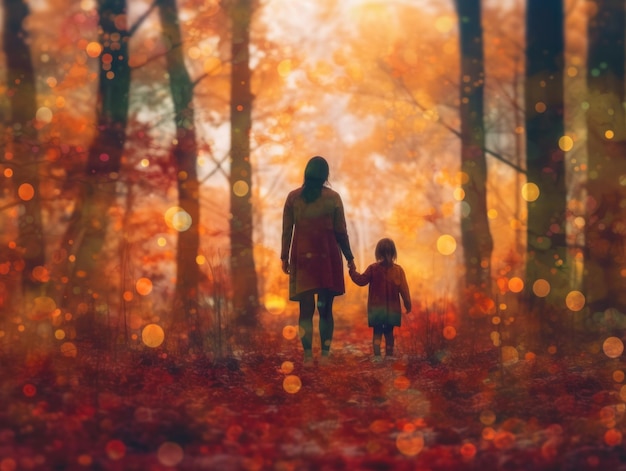 A woman and a child walking through a forest generative ai image