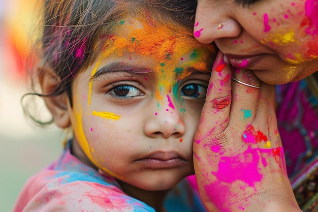 a woman and a child with colorful paint on their faces