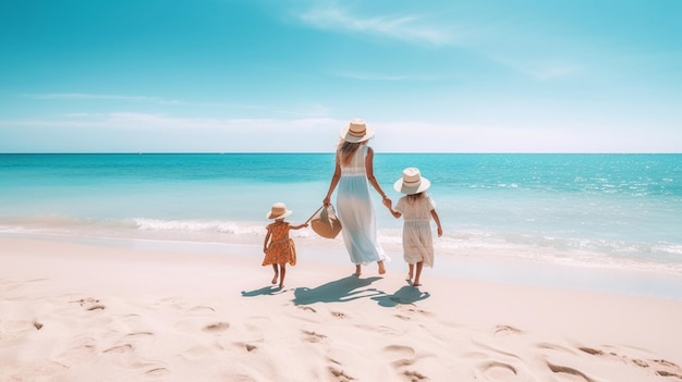 woman and children in beach at sea travel and vacation
