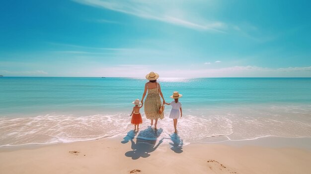 woman and children in beach at sea travel and vacation