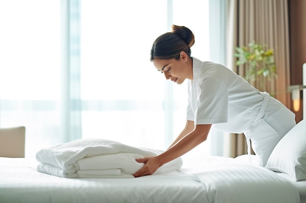 A woman china prepares a hotel room for guests