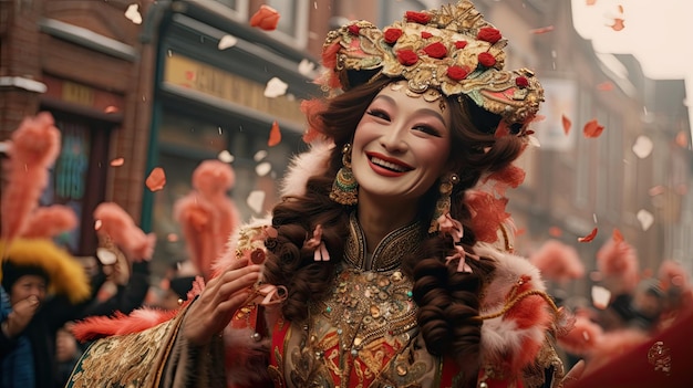 Woman in Chinese Costume Surrounded by Confetti Celebrating Chinese new year