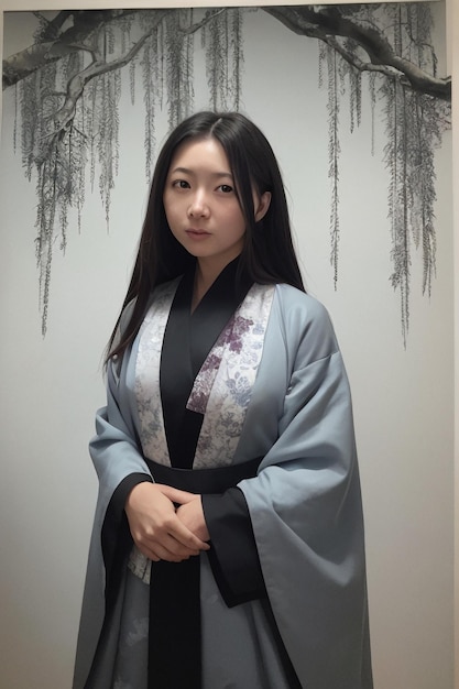 A woman in a chinese kimono stands in front of a wall with trees and the words'hanfu'on it.