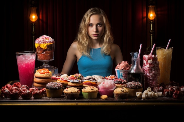 Photo woman choose between healthy and unhealthy food