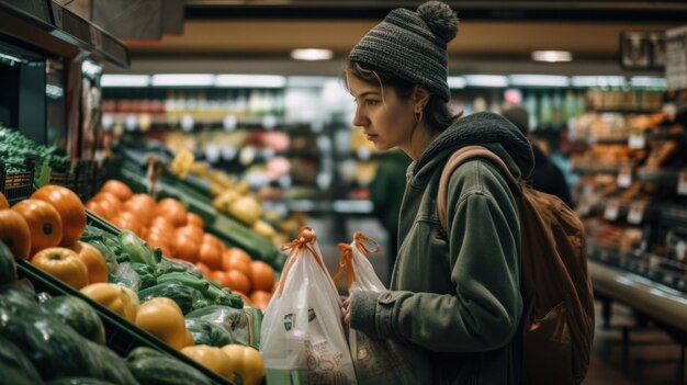 Woman chooses fruits and vegetables food market reusable bag shopping zero waste ai generative