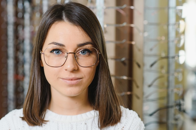 Woman chooses glasses in the store.