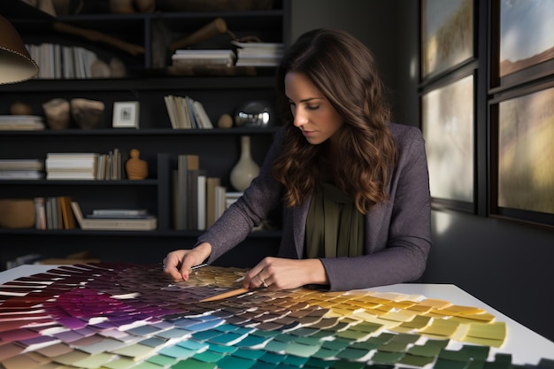 a woman chooses a palette of colors for painting a room generative ai