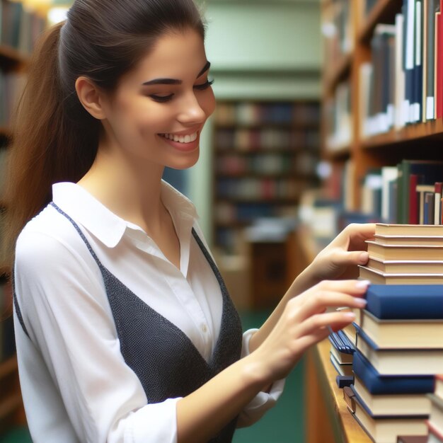 Foto donna che sceglie un libro in biblioteca