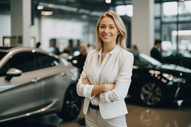 Woman choosing a car in car showroom