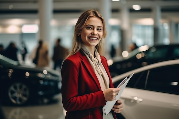 Photo woman choosing a car in car showroom