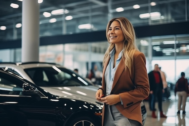 Woman choosing a car in car showroom