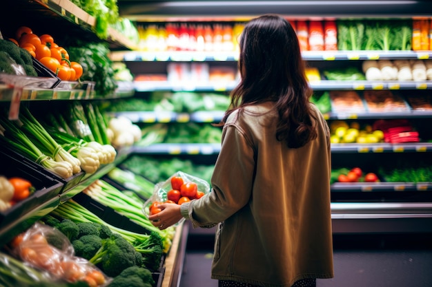 食料品店で生鮮食品や自然食品を選ぶ女性 AI 生成